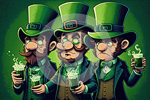 Three Irish friends in green hats with mugs of green beer celebrate St. Patrick`s Day. Cartoon style