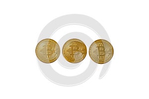 Three isolated bitcoin blockchain coins on white