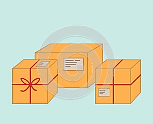 Three isolated cardboard box package parcel with label