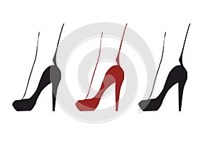 Three isolated silhouette of red and black elgant woman leg in shoes with high heels