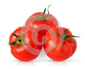 Three isolated tomatoes on white background.