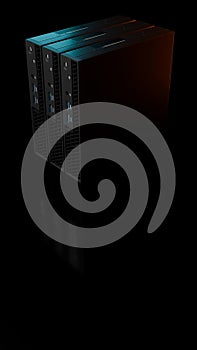 Three ISP server computers with blue glow isolated on black background