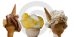 Three italian ice creams in the waffle cone