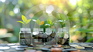 Jars with coins and plants.AI generated image