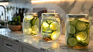 Three jars of pickles on kitchen counter.