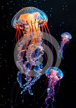 Three jellyfish swim in the dark ocean