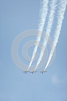 Three jet airplanes performing aerobatic stunt