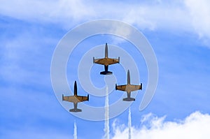 Three jet combat training aircraft on sky background. Bottom vie
