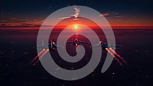 Three jets flying in formation at sunset