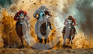Three jockeys are racing on a dirt track, with one horse in the lead.