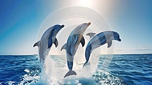 Three Joyful Dolphins Leaping Together Above Ocean Waves. Wildlife in Natural Habitat Captured in Bright Daylight