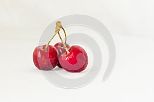 Three juicy berries of a red cherry on a white fabric background