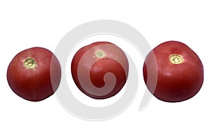Three juicy red tomatoes on a white background