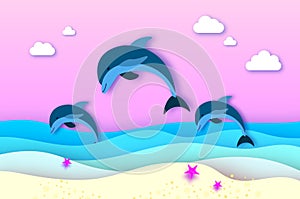 Three Jumping dolphins in the sea in paper cut style. Origami layered beautiful seascape and sky. Hawaii Pacific Ocean