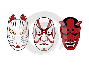 Three kabuki masks isolated on a white background