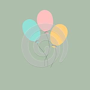 Three kawaii style doodle air balloons of pastel pink blue orange color on gray background. Vector birthday greeting card template