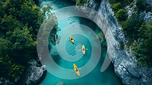 Three Kayakers Paddling Along a Beautiful Mountain River. Generative AI