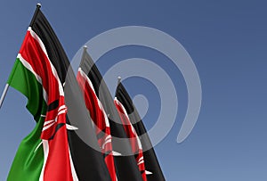 Three Kenya flags on flagpole on blue background. Place for text. The flag is unfurling in wind. Nairobi, Africa. 3D illustration