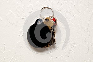 Three keys on wall with round blank black fob photo