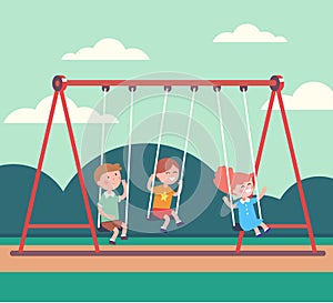 Three kids boys and girl swinging in public park