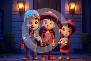 Three kids enjoying trick or treat at neighbour house front door on Halloween night, cute 3D cartoon illustration. Generative AI