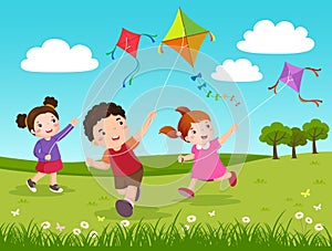 Three kids flying kites in the park