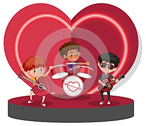 Three kids playing music on heart stage