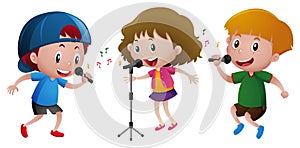 Three kids singing on microphone