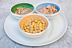 Three kind of cold breakfast cereals in bowl