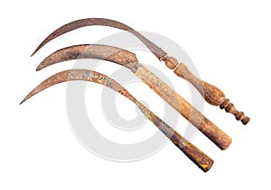 Three kind of old rusty sickle isolated on white background. Old vintage sickle