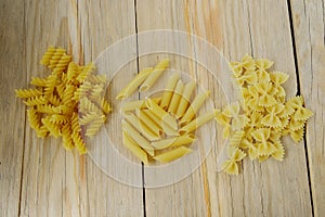 Three kind of raw pasta on wood background texture.