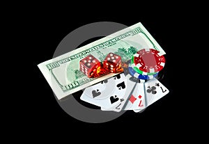 Three of a kind or set cards combination and dollars with chips. Winning combination at a poker club or casino