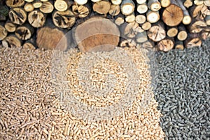 Three kind wooden pellets and woods