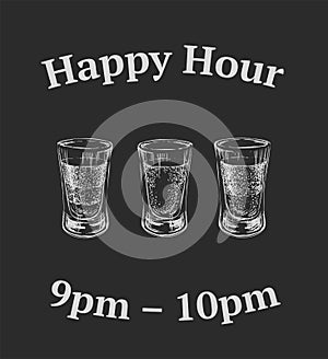 Three kinds of alcoholic drinks in shot glasses. Hand Drawn Vector Illustration.