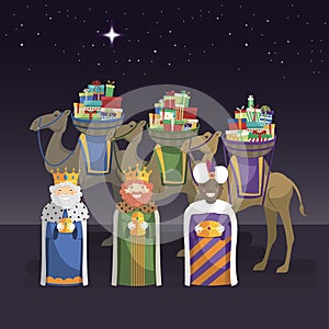 Three kings with camels and gifts at night