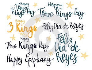 Three Kings Day celebration handwritten lettering phrase vector art set photo