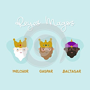 Three Kings Day in Spanish. Reyes Magos. Melchor, Gaspar, Baltasar. Merry Christmas inspiration. Vector illustration, flat design photo