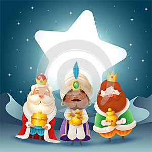 Three Kings with gifts celebrate Epiphany in front of star - night scene