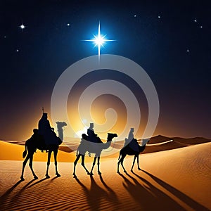 Three Kings and the guiding star against a backdrop of a clear and breathtaking night Created with