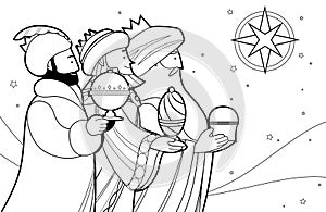 Three Kings or Magi cartoon outline vector for coloring page