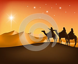 The Three Kings Riding with Camels in the Desert photo