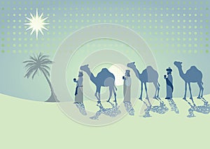 Three kings traveling with camels