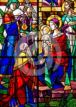 Three Kings Visit Jesus Stained Glass