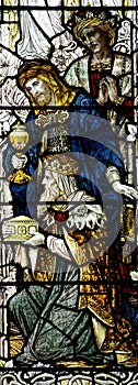 Three kings visiting Jesus (stained glass)