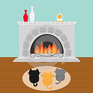 Three kittens on carpet rug looking to Fireplace with vase set and clock. Little cat family. Pet animal collection. Cute cartoon f