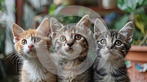 Three kittens are looking up at the camera with their eyes open, AI