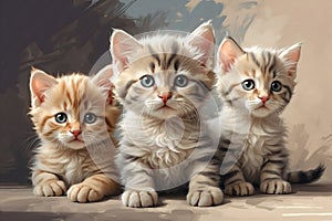 Three kittens on a rustic background