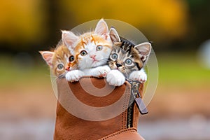 Three kittens are sitting in a brown boot