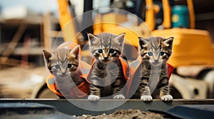 Three kittens sitting on top of a pile of dirt. Generative AI image.