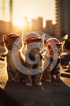 Three kittens sitting on top of a skateboard. Generative AI image.